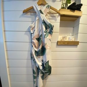 Asymmetric tropical print dress